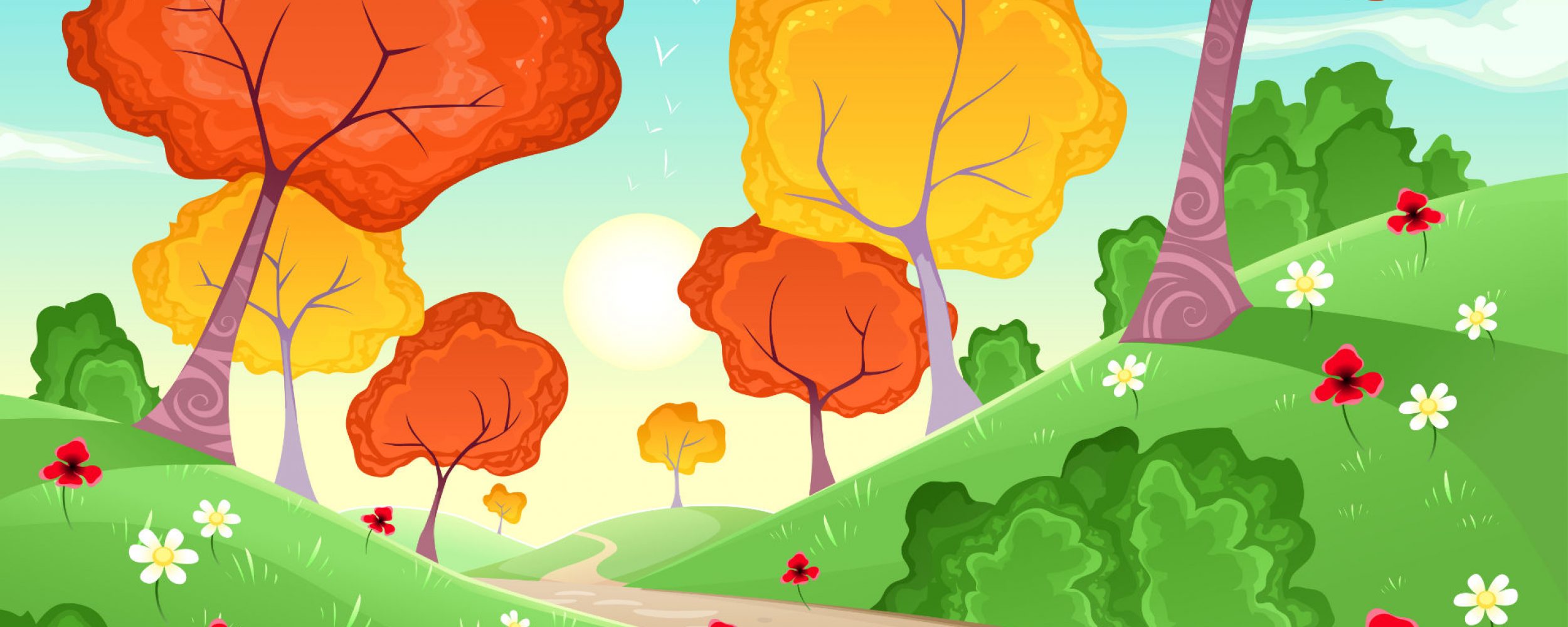 Landscape with trees. Cartoon and vector illustration